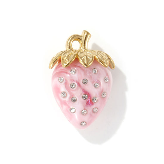 Imagen de 1 Unidad Recubrimiento al Vacío PVD Ecológico 304 Acero Inoxidable & Resina Colgantes 18K Oro Real Chapado Color rosa Perlado Fresas 3D Transparente Rhinestone 3.1cm x 2.1cm