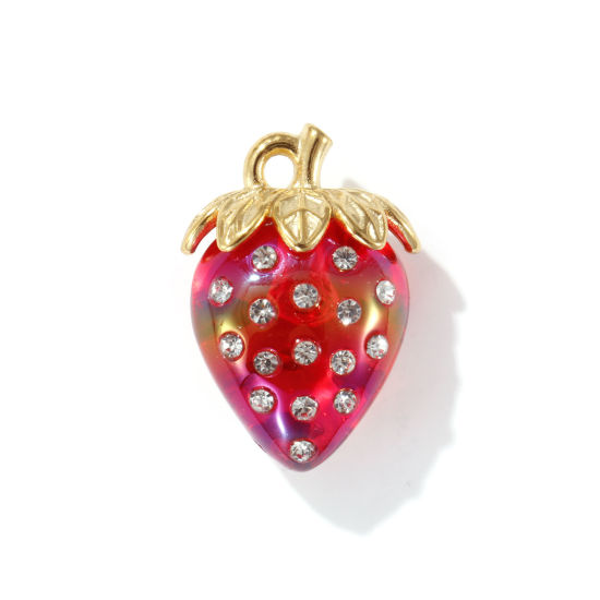 Imagen de 1 Unidad Recubrimiento al Vacío PVD Ecológico 304 Acero Inoxidable & Resina Colgantes 18K Oro Real Chapado Rojo AB Color Fresas 3D Transparente Rhinestone 3.1cm x 2.1cm