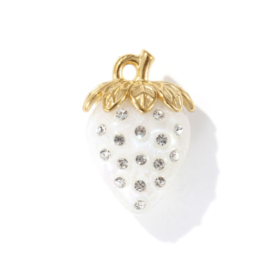 Imagen de 1 Unidad Recubrimiento al Vacío PVD Ecológico 304 Acero Inoxidable & Resina Colgantes 18K Oro Real Chapado Blanco Perlado Fresas 3D Transparente Rhinestone 3.1cm x 2.1cm
