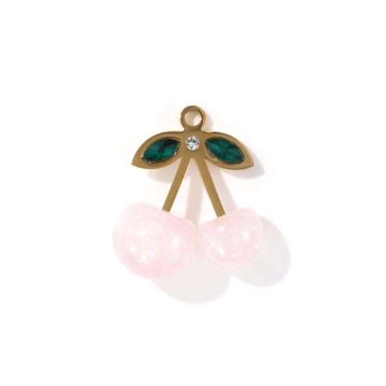 Imagen de 1 Unidad Recubrimiento al Vacío PVD Ecológico 304 Acero Inoxidable & Resina Colgantes 18K Oro Real Chapado Color rosa Perlado Cereza 3D Verde Rhinestone 24mm x 22mm