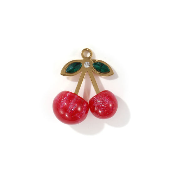 Imagen de 1 Unidad Recubrimiento al Vacío PVD Ecológico 304 Acero Inoxidable & Resina Colgantes 18K Oro Real Chapado Rojo Perlado Cereza 3D Verde Rhinestone 24mm x 22mm