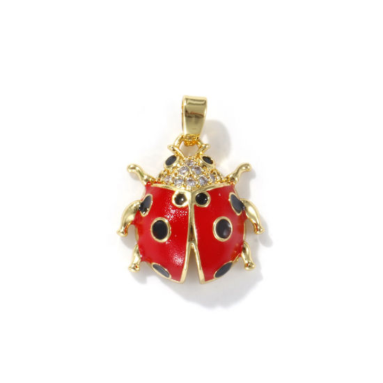 Immagine di 2 PCs Eco-friendly Brass Insect Charm Pendant 18K Real Gold Plated Black & Red Ladybug Animal Enamel Clear Cubic Zirconia 21mm x 16mm