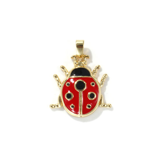 Immagine di 2 PCs Eco-friendly Brass Insect Charm Pendant 18K Real Gold Plated Black & Red Ladybug Animal Enamel 25mm x 20mm