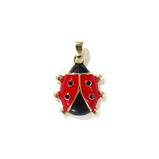 Immagine di 2 PCs Eco-friendly Brass Insect Charm Pendant 18K Real Gold Plated Black & Red Ladybug Animal Enamel 25mm x 17mm