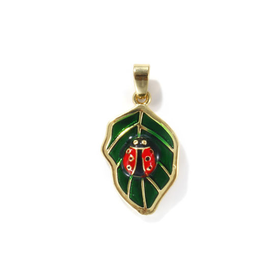 Immagine di 2 PCs Eco-friendly Brass Insect Charm Pendant 18K Real Gold Plated Multicolor Ladybug Animal Leaf Enamel 25mm x 13mm