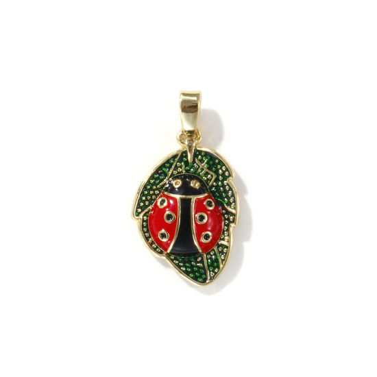 Immagine di 2 PCs Eco-friendly Brass Insect Charm Pendant 18K Real Gold Plated Multicolor Ladybug Animal Leaf Enamel 25mm x 13mm
