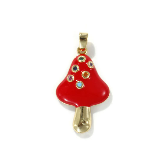 Picture of 2 PCs Eco-friendly Brass Pendants 18K Real Gold Plated Red Mushroom Enamel Multicolour Cubic Zirconia 3cm x 1.6cm