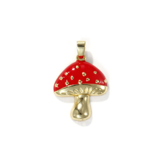 Picture of 2 PCs Eco-friendly Brass Charm Pendant 18K Real Gold Plated Red Mushroom Enamel 25mm x 16mm