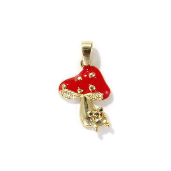 Picture of 2 PCs Eco-friendly Brass Charm Pendant 18K Real Gold Plated Red Mushroom Frog Enamel 22mm x 13mm