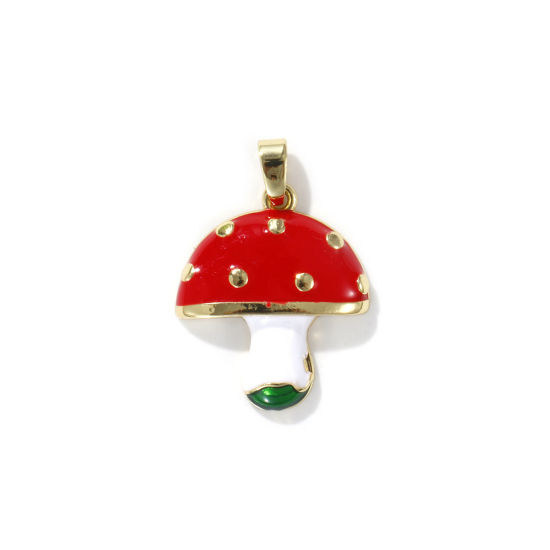 Picture of 2 PCs Eco-friendly Brass Charm Pendant 18K Real Gold Plated White & Red Mushroom Enamel 25mm x 18mm