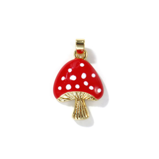 Picture of 2 PCs Eco-friendly Brass Charm Pendant 18K Real Gold Plated White & Red Mushroom Enamel 25mm x 15mm