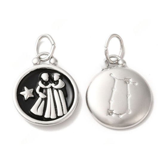 Immagine di 1 Piece 304 Stainless Steel Charms Silver Tone Black Round Disc Gemini Sign Of Zodiac Constellations Enamel 26mm x 17mm