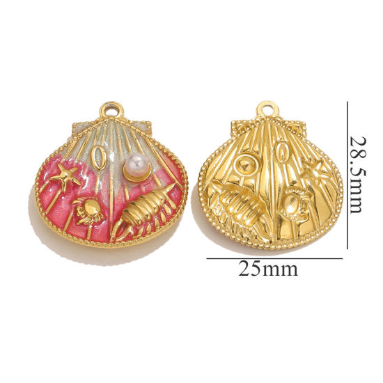 Picture of 1 Piece Eco-friendly PVD Vacuum Plating 304 Stainless Steel Ocean Jewelry Charms 18K Gold Plated Fuchsia Enamel Shell Conch Sea Snail Imitation Pearl 25mm x 28.5mm