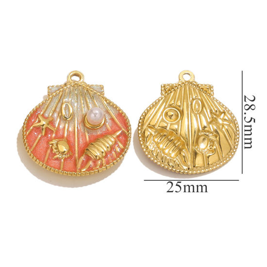 Picture of 1 Piece Eco-friendly PVD Vacuum Plating 304 Stainless Steel Ocean Jewelry Charms 18K Gold Plated Orange Enamel Shell Conch Sea Snail Imitation Pearl 25mm x 28.5mm