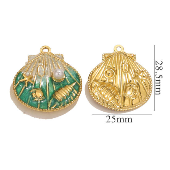 Picture of 1 Piece Eco-friendly PVD Vacuum Plating 304 Stainless Steel Ocean Jewelry Charms 18K Gold Plated Green Enamel Shell Conch Sea Snail Imitation Pearl 25mm x 28.5mm