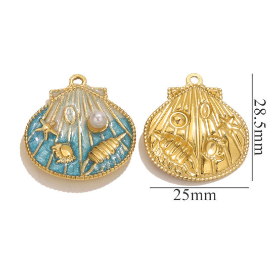Picture of 1 Piece Eco-friendly PVD Vacuum Plating 304 Stainless Steel Ocean Jewelry Charms 18K Gold Plated Blue Enamel Shell Conch Sea Snail Imitation Pearl 25mm x 28.5mm