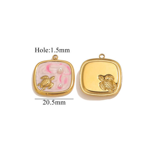 Bild von 2 PCs Eco-friendly PVD Vacuum Plating 304 Stainless Steel Ocean Jewelry Charms Silver Tone Pink Square Tortoise Enamel 20.5mm x 20.5mm