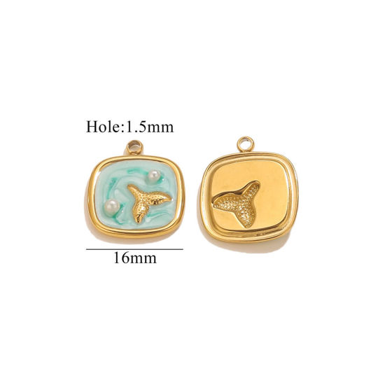 Bild von 2 PCs Eco-friendly PVD Vacuum Plating 304 Stainless Steel Ocean Jewelry Charms Silver Tone Green Square Fishtail Enamel 16mm x 16mm