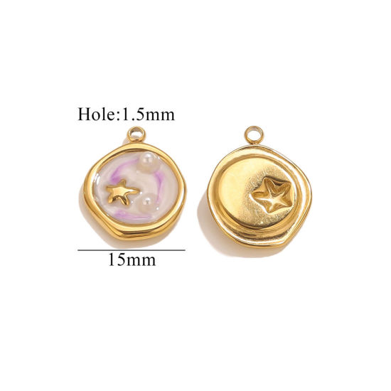 Bild von 2 PCs Eco-friendly PVD Vacuum Plating 304 Stainless Steel Ocean Jewelry Charms Silver Tone Purple Round Star Fish Enamel 15mm x 15mm