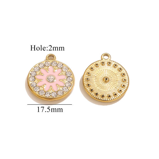 Bild von 2 PCs Eco-friendly PVD Vacuum Plating 304 Stainless Steel Ocean Jewelry Charms Silver Tone Pink Round Flower Enamel 17.5mm x 17.5mm