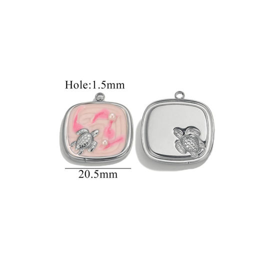 Bild von 2 PCs Eco-friendly PVD Vacuum Plating 304 Stainless Steel Ocean Jewelry Charms Silver Tone Pink Square Tortoise Enamel 20.5mm x 20.5mm