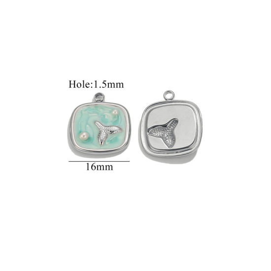 Bild von 2 PCs Eco-friendly PVD Vacuum Plating 304 Stainless Steel Ocean Jewelry Charms Silver Tone Green Square Fishtail Enamel 16mm x 16mm