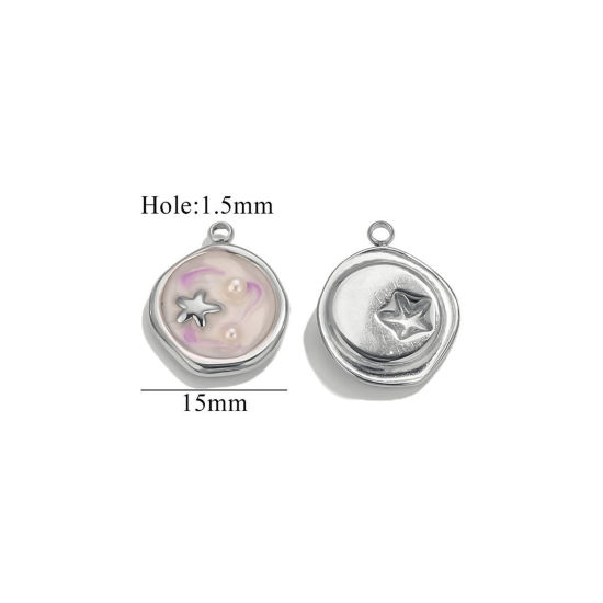 Bild von 2 PCs Eco-friendly PVD Vacuum Plating 304 Stainless Steel Ocean Jewelry Charms Silver Tone Purple Oval Star Fish Enamel 15mm x 15mm