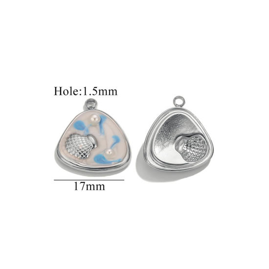 Bild von 2 PCs Eco-friendly PVD Vacuum Plating 304 Stainless Steel Ocean Jewelry Charms Silver Tone Blue Triangle Shell Enamel 17mm x 17mm