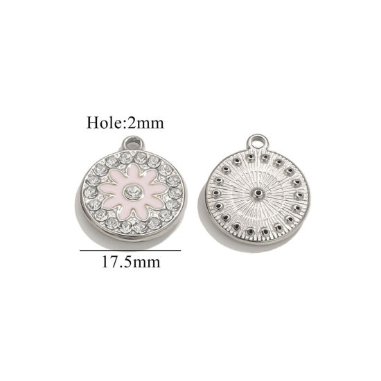 Bild von 2 PCs Eco-friendly PVD Vacuum Plating 304 Stainless Steel Ocean Jewelry Charms Silver Tone White Round Flower Enamel 17.5mm x 17.5mm
