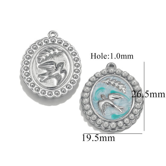 Изображение 2 PCs 304 Stainless Steel Charms Silver Tone Oval Swallow Enamel 19.5mm x 26.5mm