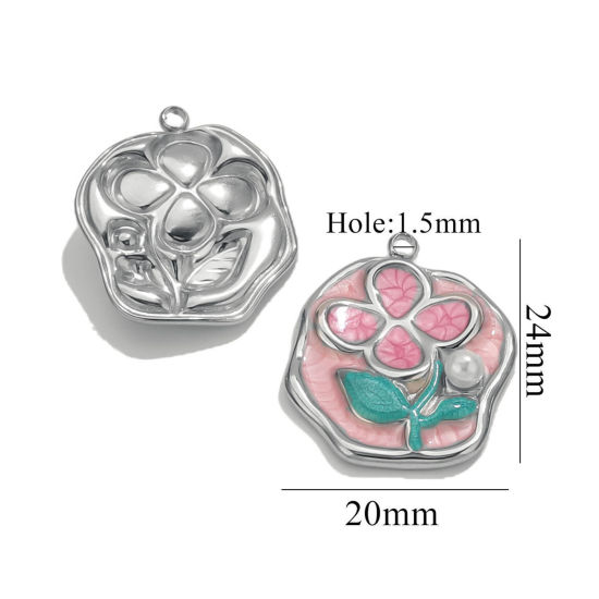 Изображение 2 PCs 304 Stainless Steel Charms Silver Tone Irregular Flower Enamel 20mm x 24mm
