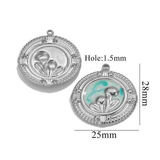 Изображение 2 PCs 304 Stainless Steel Charms Silver Tone Round Flower Enamel 25mm x 28mm