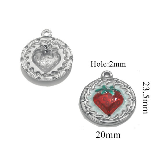 Изображение 2 PCs 304 Stainless Steel Charms Silver Tone Round Strawberry Fruit Enamel 20mm x 23.5mm