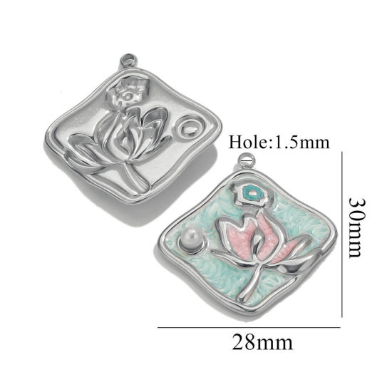 Изображение 2 PCs 304 Stainless Steel Charms Silver Tone Square Lotus Flower Enamel 28mm x 30mm