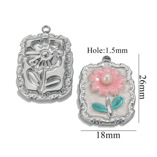 Изображение 2 PCs 304 Stainless Steel Charms Silver Tone Rectangle Flower Enamel 18mm x 26mm