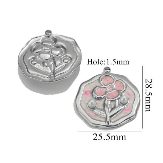 Изображение 2 PCs 304 Stainless Steel Charms Silver Tone Round Flower Enamel 25.5mm x 28mm