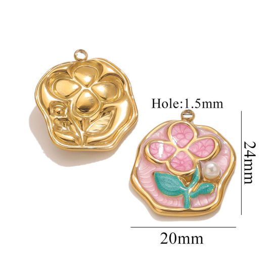 Изображение 2 PCs Eco-friendly PVD Vacuum Plating 304 Stainless Steel Charms 18K Gold Plated Irregular Flower Enamel 20mm x 24mm