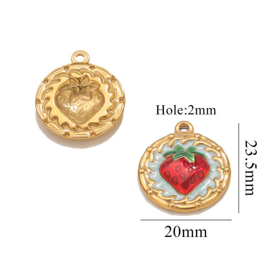 Изображение 2 PCs Eco-friendly PVD Vacuum Plating 304 Stainless Steel Charms 18K Gold Plated Round Strawberry Fruit Enamel 20mm x 23.5mm