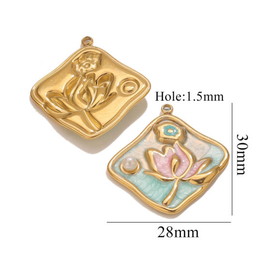 Изображение 2 PCs Eco-friendly PVD Vacuum Plating 304 Stainless Steel Charms 18K Gold Plated Square Lotus Flower Enamel 28mm x 30mm