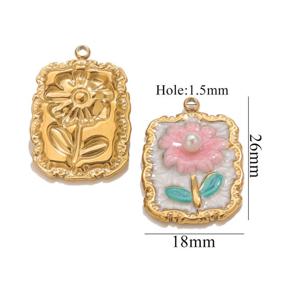 Изображение 2 PCs Eco-friendly PVD Vacuum Plating 304 Stainless Steel Charms 18K Gold Plated Rectangle Flower Enamel 18mm x 26mm