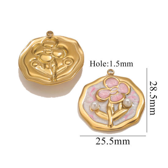 Изображение 2 PCs Eco-friendly PVD Vacuum Plating 304 Stainless Steel Charms 18K Gold Plated Round Flower Enamel 25.5mm x 28.5mm