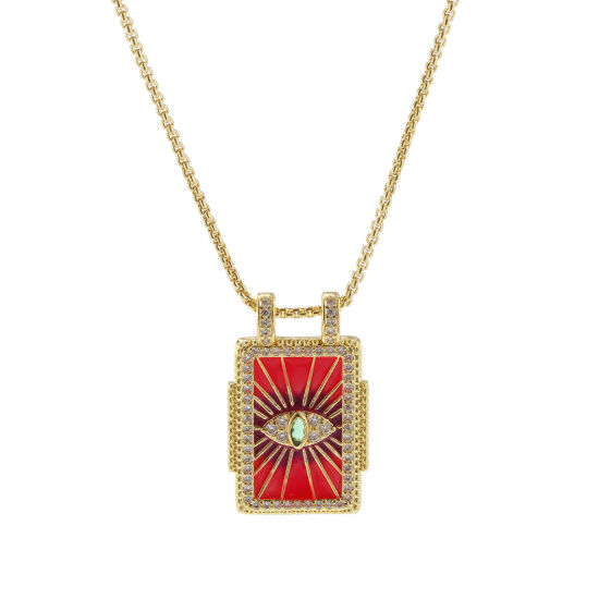Picture of 1 Piece Eco-friendly Retro Ethnic 18K Real Gold Plated Hot Pink Brass Link Cable Chain Rectangle Eye of Providence/ All-seeing Eye Enamel Pendant Charm Necklace For Women Gift 45cm(17.7") + 5cm(2") long
