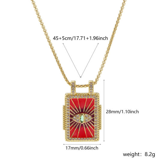 Picture of 1 Piece Eco-friendly Retro Ethnic 18K Real Gold Plated Hot Pink Brass Link Cable Chain Rectangle Eye of Providence/ All-seeing Eye Enamel Pendant Charm Necklace For Women Gift 45cm(17.7") + 5cm(2") long