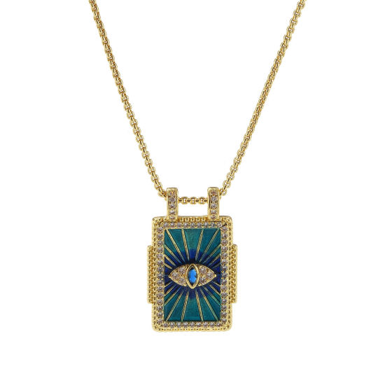 Picture of 1 Piece Eco-friendly Retro Ethnic 18K Real Gold Plated Dark Blue Brass Link Cable Chain Rectangle Eye of Providence/ All-seeing Eye Enamel Pendant Charm Necklace For Women Gift 45cm(17.7") + 5cm(2") long