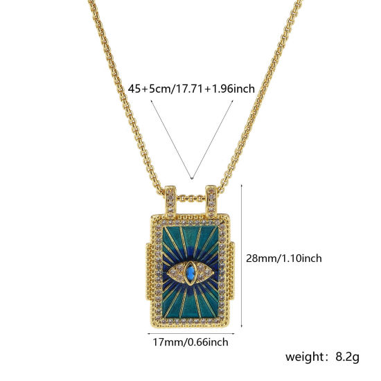 Picture of 1 Piece Eco-friendly Retro Ethnic 18K Real Gold Plated Dark Blue Brass Link Cable Chain Rectangle Eye of Providence/ All-seeing Eye Enamel Pendant Charm Necklace For Women Gift 45cm(17.7") + 5cm(2") long