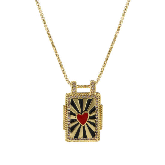 Picture of 1 Piece Eco-friendly Retro Ethnic 18K Real Gold Plated Black & Red Brass Link Cable Chain Rectangle Heart Enamel Pendant Charm Necklace For Women Gift 45cm(17.7") + 5cm(2") long