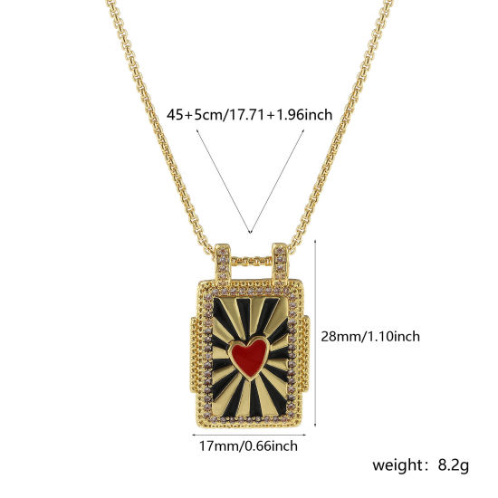 Picture of 1 Piece Eco-friendly Retro Ethnic 18K Real Gold Plated Black & Red Brass Link Cable Chain Rectangle Heart Enamel Pendant Charm Necklace For Women Gift 45cm(17.7") + 5cm(2") long