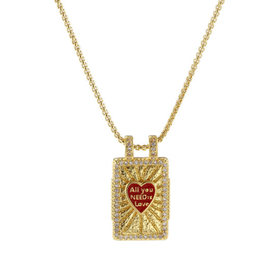 Picture of 1 Piece Eco-friendly Retro Ethnic 18K Real Gold Plated Red Brass Link Cable Chain Rectangle Heart Message " All You Need Is Love " Enamel Pendant Charm Necklace For Women Gift 45cm(17.7") + 5cm(2") long