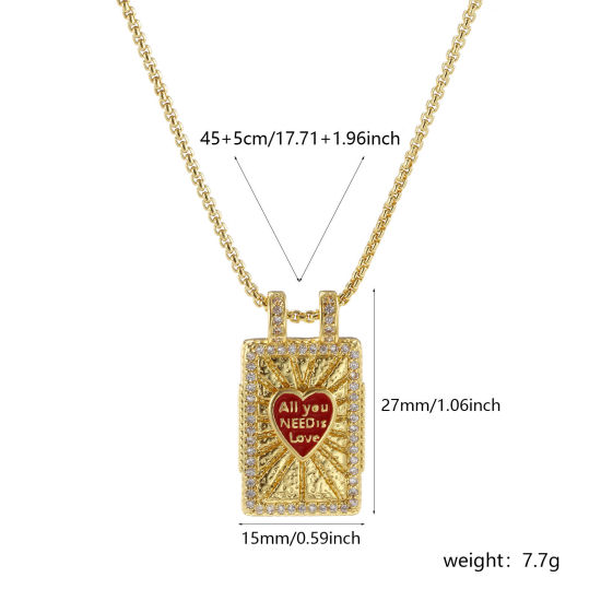 Picture of 1 Piece Eco-friendly Retro Ethnic 18K Real Gold Plated Red Brass Link Cable Chain Rectangle Heart Message " All You Need Is Love " Enamel Pendant Charm Necklace For Women Gift 45cm(17.7") + 5cm(2") long