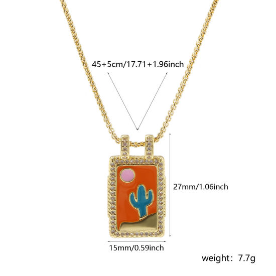 Picture of 1 Piece Eco-friendly Retro Ethnic 18K Real Gold Plated Multicolor Brass Link Cable Chain Rectangle Cactus Enamel Pendant Charm Necklace For Women Gift 45cm(17.7") + 5cm(2") long